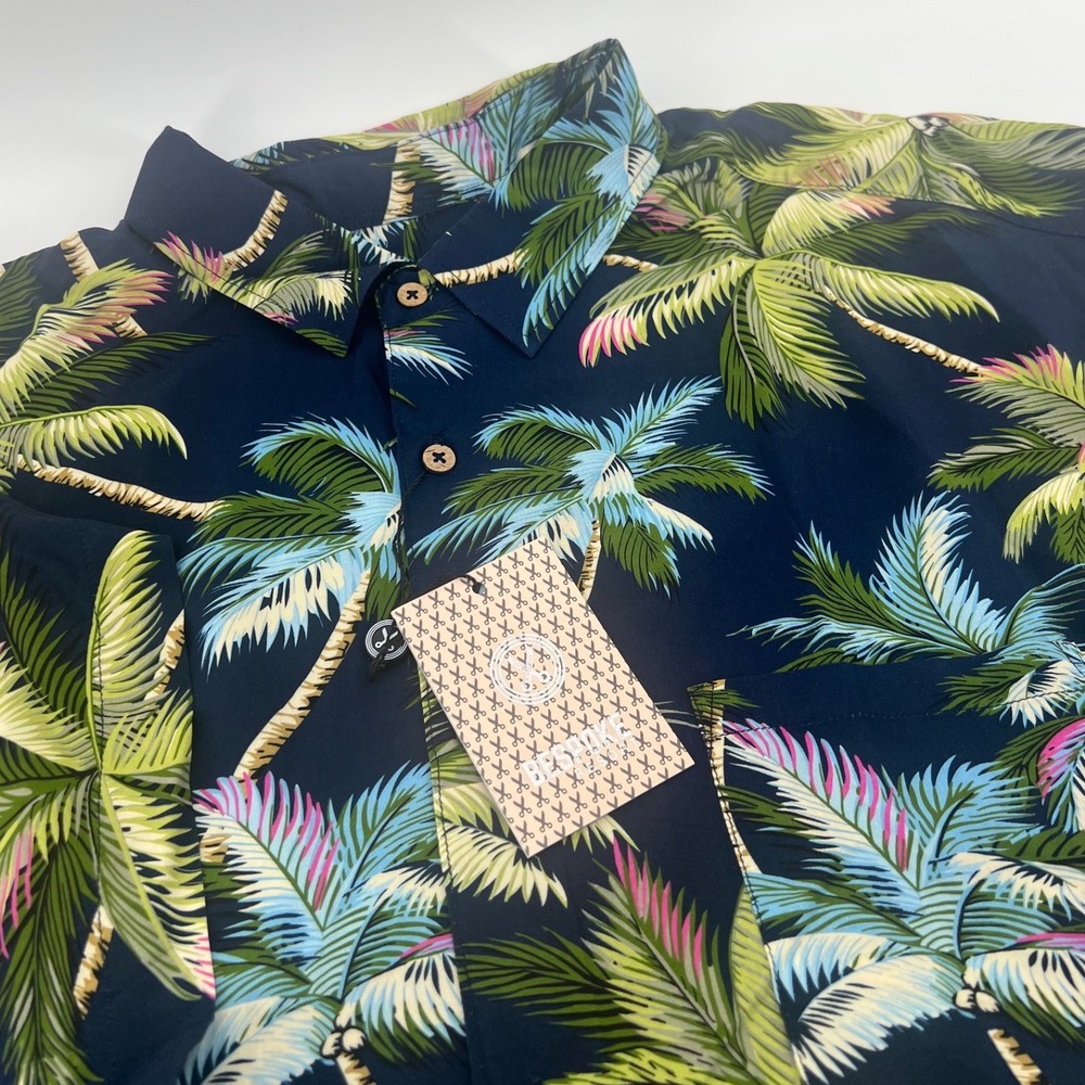 Bespoke Resort Mens XL Hawaiian Tropical Palm Tree 100% Viscose Short Sleeve
